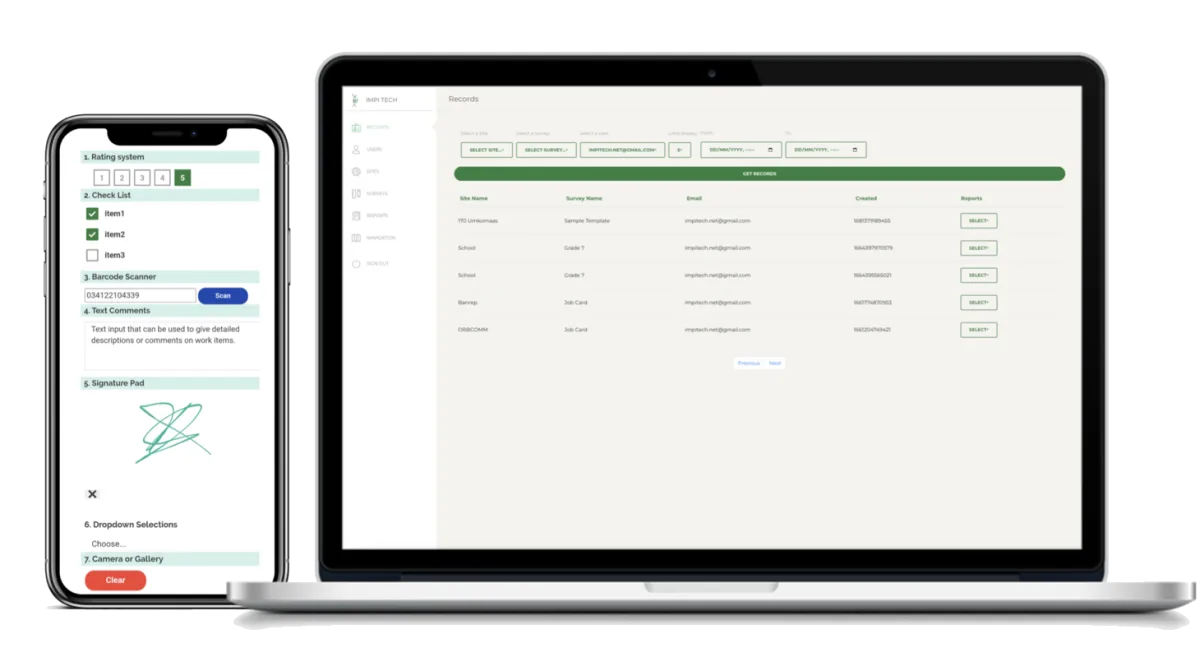 IMPI Forms mobile data capture and web reporting screens